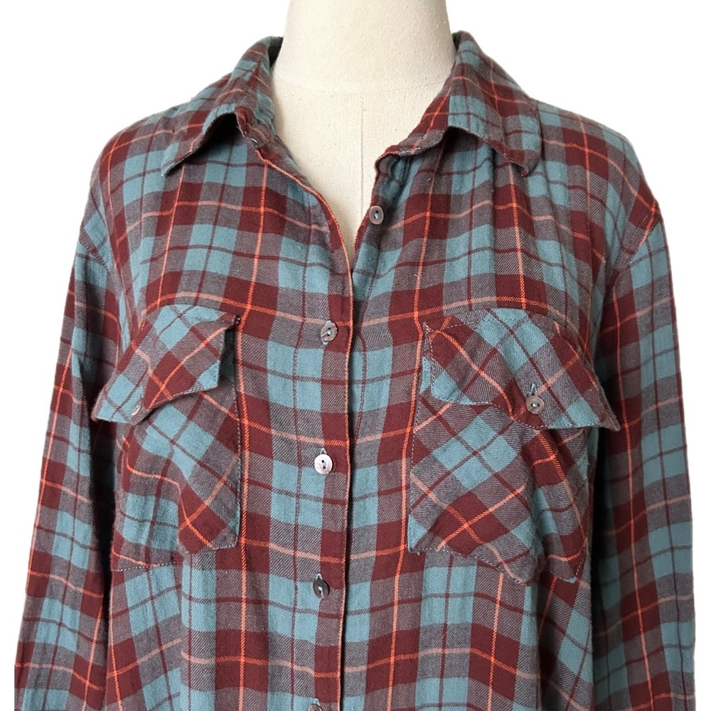 Natural Life Cooper Plaid Cotton Flannel Shirt Dress Burgundy Teal Size Large - Picture 3 of 6